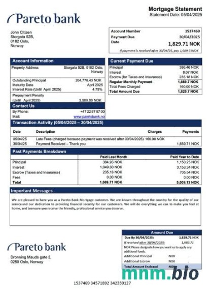 Norwegia Pareto Bank wyciąg z kredytu hipotecznego szablon Word i PDF